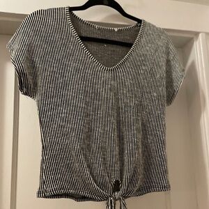 Black and White, Ribbed, Stretchy-type, Knot-tie, Tapered Waist Top.